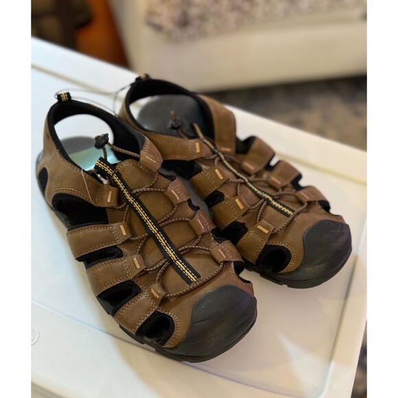 Magellan Outdoors Sandals Brown Leather Round Toe Cutouts Hook Loop Men's Sz 10 - Picture 2 of 11